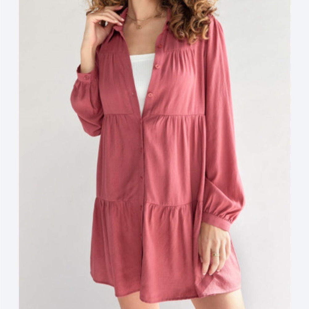 Mi Ami Tiered Mini Dress Long Sleeve Button Down Casual‎ XS
